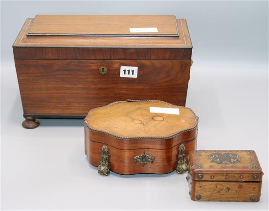 A Regency rosewood tea caddy and 2 other boxes
